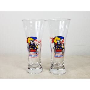 Budweiser Glassware Bud Light 1987 Spuds Mackenzie 7" Pilsner Beer Glasses x2